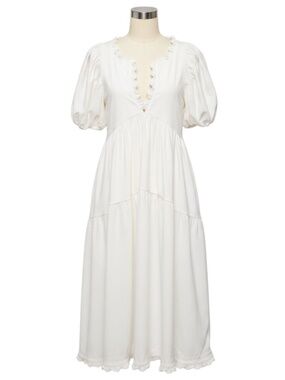KIKA VARGAS WHITE RUFFLE TRIM COTTON STRETCH MIDI DRESS